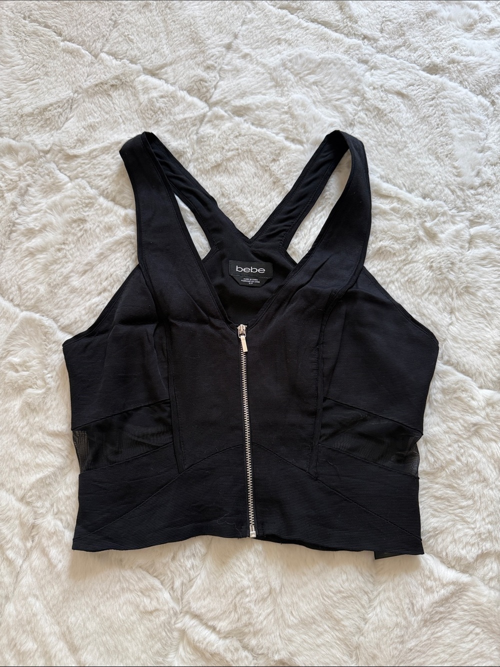 bebe Black Front-Zip Cropped Racerback Tank
